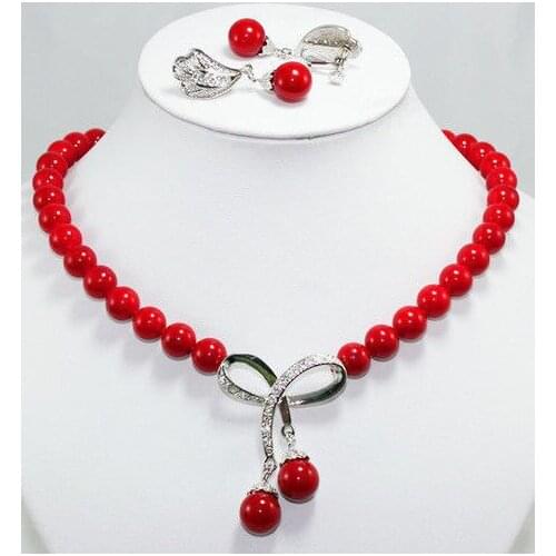 Prett Lovely Womens Wedding shipping>> Womens Set jewelry red shell bead necklace earring Ms. girl Wedding-jewelry