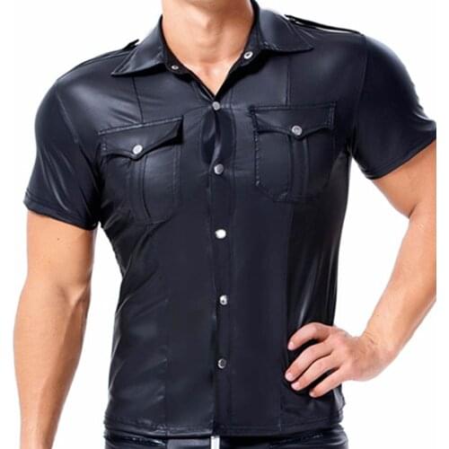 S-3XL Male Soft Faux PU Leather Shirt Men Gay Tops Button Turn Down Collar Slim Fit Men Shirts