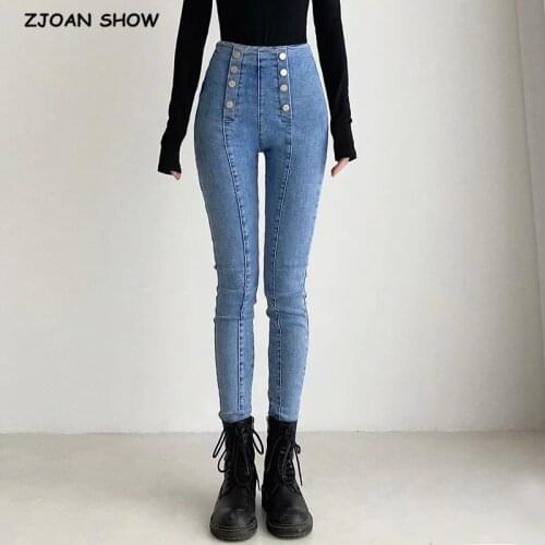 Skinny Double-breasted Four Buttons High Waist Pencil Jeans Women Slim Fit Stretch Denim Pants Full Length Denim Tight Trousers