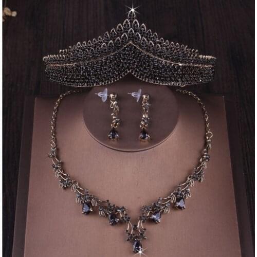 Baroque Vintage Black Crystal Heart Bridal Jewelry Sets Rhinestone Crown Tiaras Wedding Dubai Jewelry Set Gold Necklace Earrings
