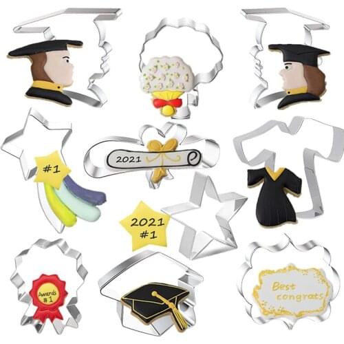 10 Pieces Graduation Cookie Cutters, Stainless Steel Molds Graduation Cap, Gown, Diploma, Graduate and Star,Bouquet