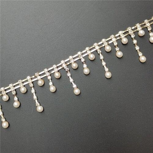 Pearl Tassel Pendant Rhinestone Fringe Trim Gold Crystal Metal Chain For Clothes Dress Bag Shoes Accessories Decoration 3.8cm