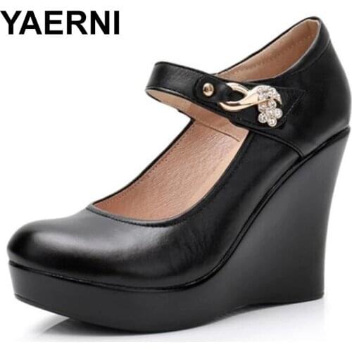 YAERNI New Autumn Rhinestone Cowhide Black Leather Shoes Women Pumps Shoes Wedges Cheongsam Catwalk Shoes High Heels WomensShoe