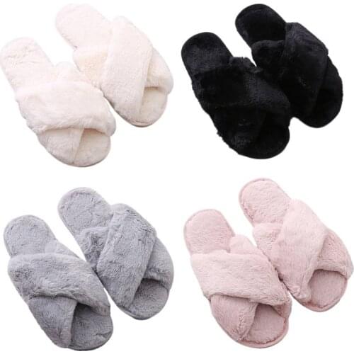 Womens Winter Fuzzy Warm Flat Shoes Open Toe Sandals Cross Plush Home Slippers