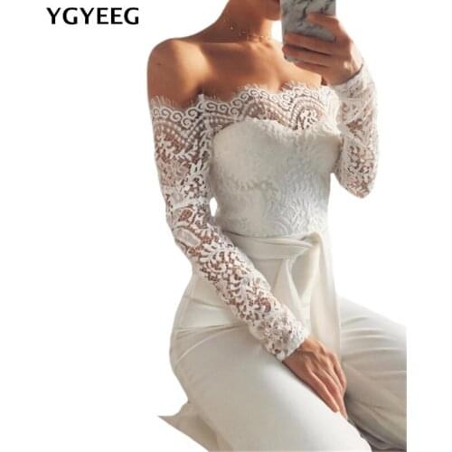 YGYEEG Women Lace Floral White Color Long Sleeve Jumpsuit Romper Clubwear Playsuit Bodycon Party Off Shoulder Trousers Female