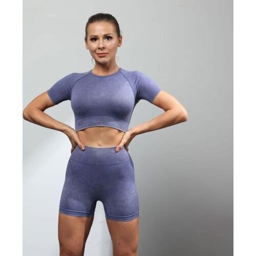 2pcs workout clothes for women acid wash seamless shorts set women fitness gym crop top summer yoga set biker shorts 2 piece set
