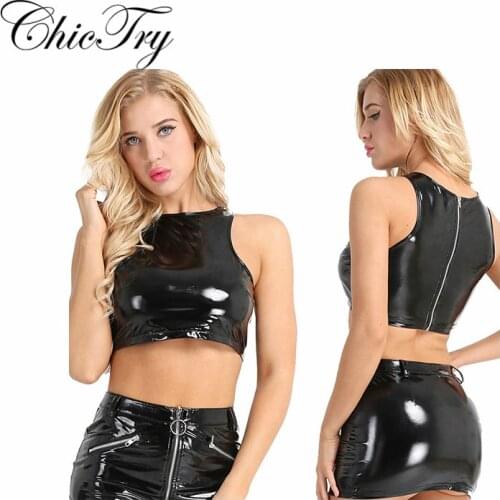 Fashion Women Female Wetlook Patent Leather Sleeveless Short Vest Zipper Back Punk Crop Tank Tops for Nightwear Clubwear