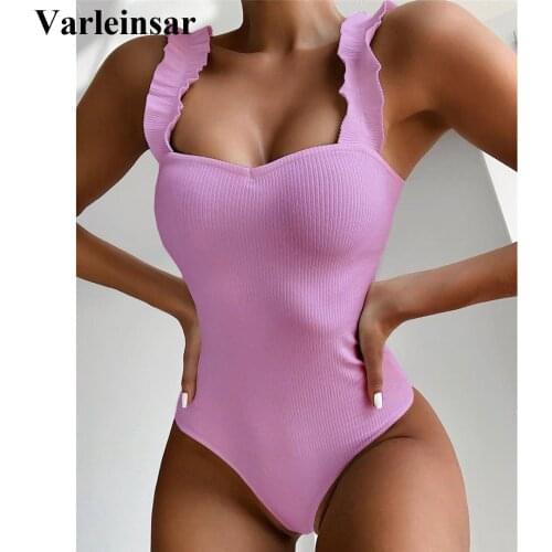 6 Colors Frill Trim Ruffled Sexy One Piece Swimsuit Women Swimwear Female Ribbed Bather Bathing Suit Swim Wear Monokini V1668P