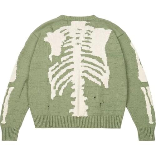 Hip Hop Green Sweater Women Skeleton Bone Printing Pullovers High Street Hole Vintage 1:1 Knit Tops Couple Streetwear Spring