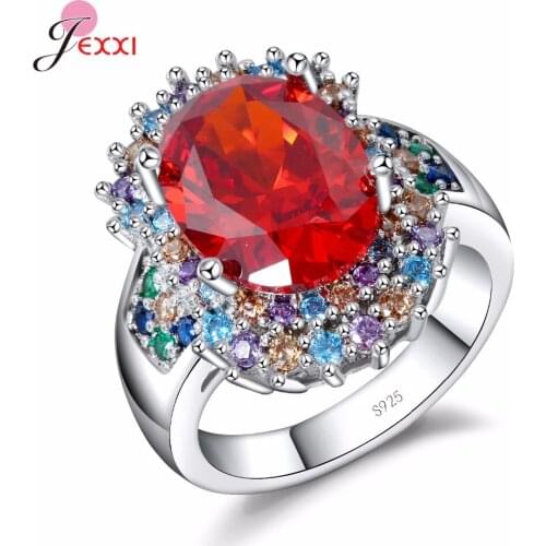 Fashion 925 Sterling Silver Ring Jewelry Red Stone Flower Design Rings For Women Bridal Wedding Accessories