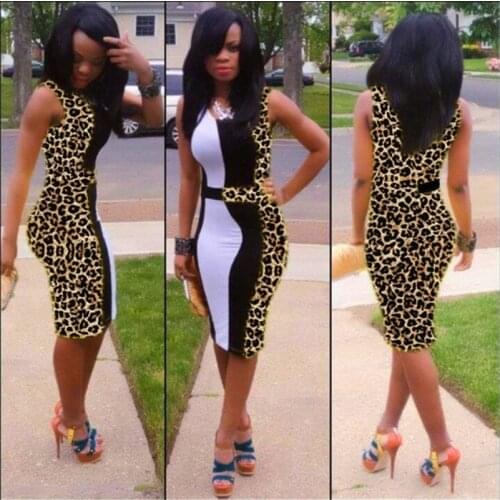 FEECOLOR Women Sexy Leopard Print V-Neck Sleeveless Casual Party Dress