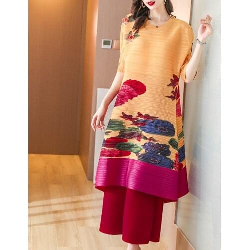 Miyak Pleated Vintage Floral Print Loose Dress Women Half Sleeve Round Neck Plus Size Casual A-Line Dresses Female Clothes