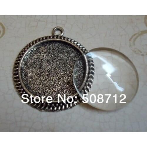 30sets Antique Silver 25mm Pendant Trays With Matching Glass Cabochons and Link or Ball Chains Choice of Colors