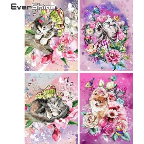 EverShine Diamond Painting Full Square Cat Cross Stitch Diamond Mosaic Flowers Picture Rhinestone Handmade Hobby Gift Home Decor