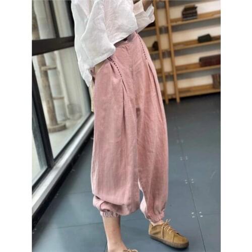 Women Pants Spring Summer Loose Retro Casual Trousers Women New Elastic Waist pocket Brierf All-match Pants