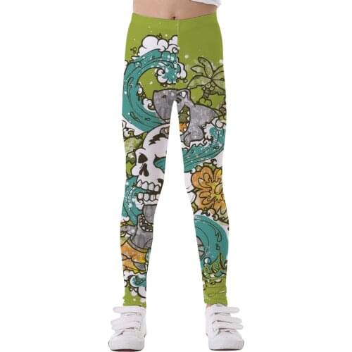 Kids Girls Green Skull Leggings Tights Children Princess European American Fashion Yoga Pants Fitness Sport Tights For 5-12Y
