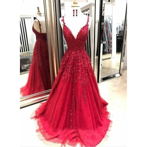 Sexy Womens Mermaid Long Red Tulle Lace Prom Dresses V-Neck Robe De Soiree Open Back Formal Party Dresses