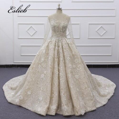 Eslieb Ball Gown Illusion wedding dresses 1.5m train lace Wedding dresses Crystal 3d flower Bridal Dresses China