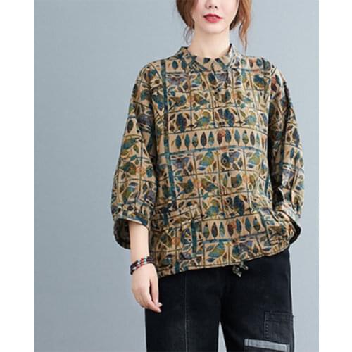 Cotton Linen Vintage Print Blouses Femme Tops Big Size Autumn Arts Style Women Loose Cotton Linen Shirts Coat Double Pocket