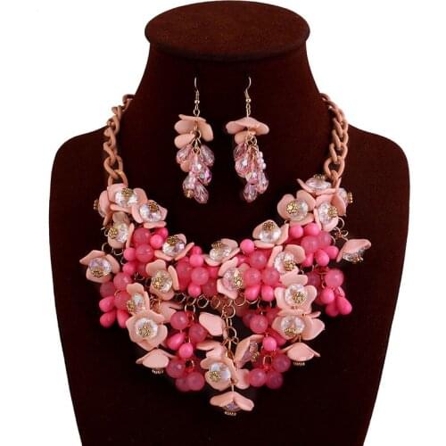 FORSEVEN Boho Fashion Style Colorful Crystal Choker Flower Hawaiian Necklace Floral Drop Earrings Beach Party Jewelry Set