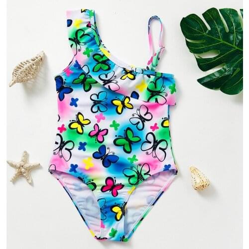 2021 Print Color Butterfly Swimsuits for Girls One-Piece Bathing Suits Printed Beach Wear Summer Lovely Children Girls Swimsuits