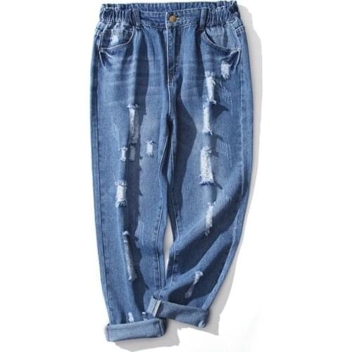 Can ift 90kg plus size jeans female fashion brand 100% cotton hand made scratched hole was thin elastic waist wide leg wq1073