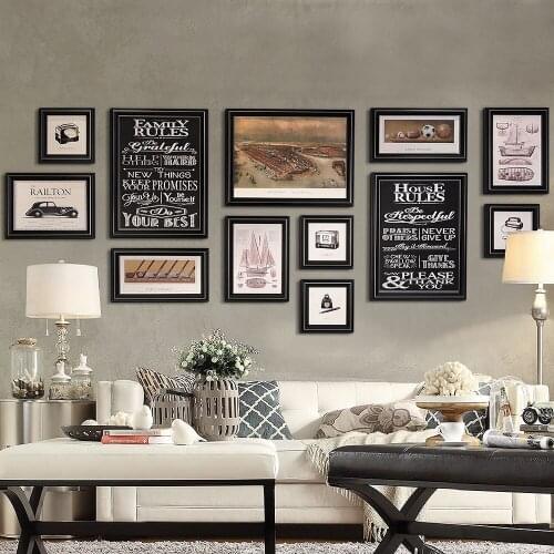 American Vintage Theme Black Wooden Wall Hanging Photo Frames Home Hanging Picture Frames Set 7pcs Picture Frame Combination B