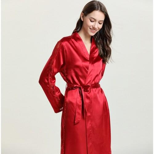 Pajamas Simulation Silk Bathrobe Bathrobe Ladies Robe Lace Pajamas Lace Sexy Long Night Gown Bathrobe Pure Color Home Service
