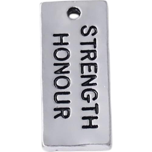 STRENGTH HONOR rectangular metal pendants that insist on exercise to make themselves stronger