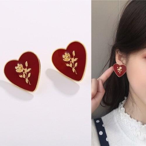 Romantic Wine Red Heart Rose Stud Earrings for Women Girls Teen Korean Fashion Flower Petal Love Earrings 2021 Trend New Arrival