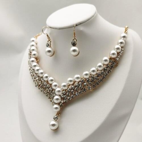 Bridal Simulated Pearl Jewellery Sets for Womens Dresses Rhinestone Necklace Set Gold Color Wedding Dresses