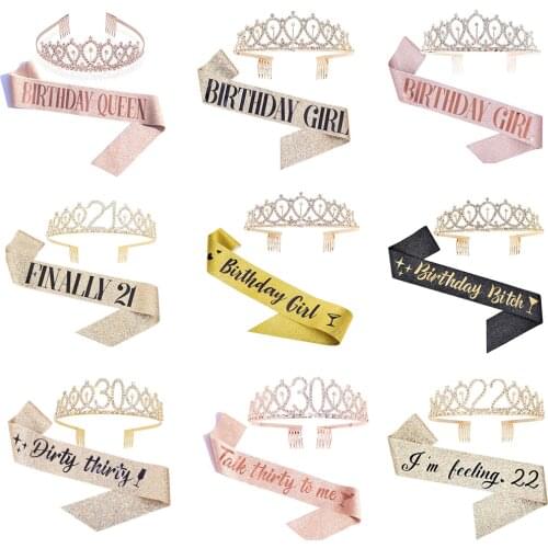 21 22 30 Crystal Crown Tiara and Satin Sash Set Finally 21 Dirty Thirty for Women Girls Happy Birthday Party Decoration Supplies