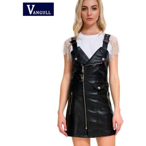 Vangull 2021 Summer Women Leather Dress Soft PU Faux Leather Sun Dress V Neck Sexy Slim Retro Black Short Sleeveless Mini Dress