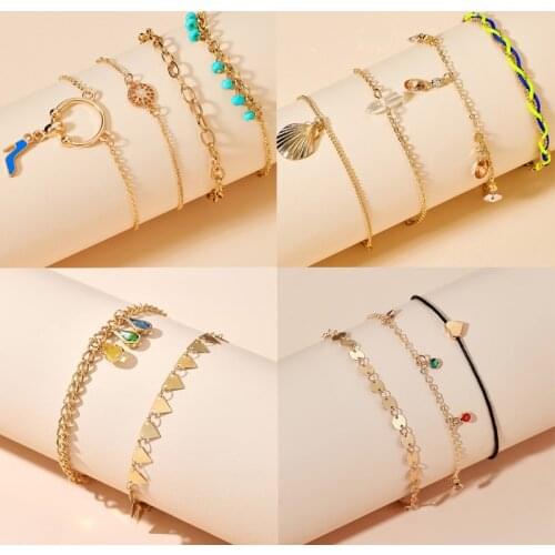 Tocona Colorful Rope Tassel Anklets for Women Summer Shell Heart Shiny Rhinestone Geometric Foot Chain Bohemian Jewelry