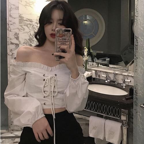 2021 New Off Shoulder Top Long Sleeve Ruffle Vintage Blouse With Puff Sleeves Lace Up Ladies Tops Bandage Crop Tops Black White