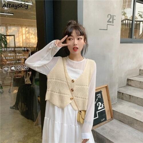 Multi-colors Vests Women V-neck Solid Knitting Crop Tops Sleeveless Preppy Casual Students Button Up Waistcoats Ulzzang Outwear