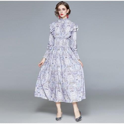 Women Elegance Floral Printed Long Sleeve Dresses Stand Collar Ruffles Elastic Waist Ruched Ankle-Length Dress Oversized