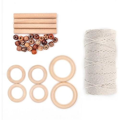 1 Set DIY Craft Acessories 3mm Natural Cotton Macrame Cord Wood Ring Beads Sticks for Making Tapestry Hanging Plant Pot Basket