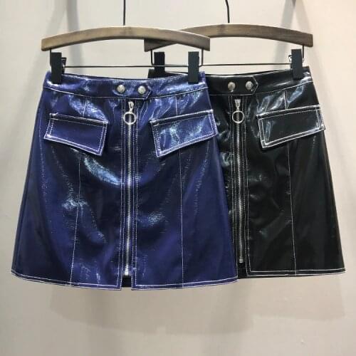 2020 high Street Bright Leather Skirt Skirt Zipper Pocket A Word Skirt Women Harajuku Pockets Glossy Pu Mini Skirts