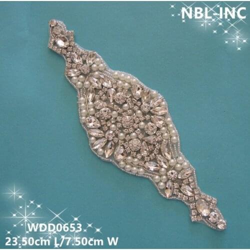 30PCS)Wholesale hand beaded sewing silver crystal rhinestone pearl applique iron on for wedding dresses WDD0653