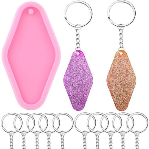 Shiny Glossy Luggage Bag Tag Keychains Mold With 10 Pcs Key Rings Epoxy Resin Silicone Mould DIY Craft Necklace Pendant Jewelry