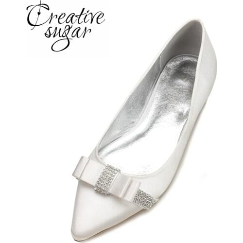 Creativesugar rhinestone bow sweet satin flats for bridal wedding party prom event dress shoes white ivory champagne blue red