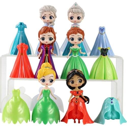 7-11cm 12pcs/Lot Disney Princess Dress Changeable Anna Elsa Jasmine Tinkerbell Sleeping Beauty PVC Action Figure Model Toys Doll