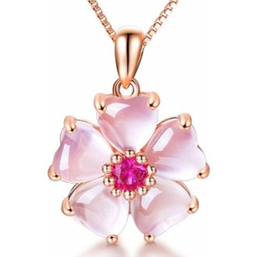 FYJS Unique Rose Gold Color Love Heart Flower Pink Quartz Pendant Necklace for Elegant Women Jewelry