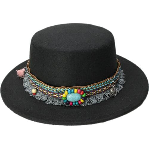 Mistdawn Fashion Women Ladies Wool Boater Hat Wide Brim Pork Pie Cap Bowler Bohemia Tassel Ribbon Band Size 56-58cm
