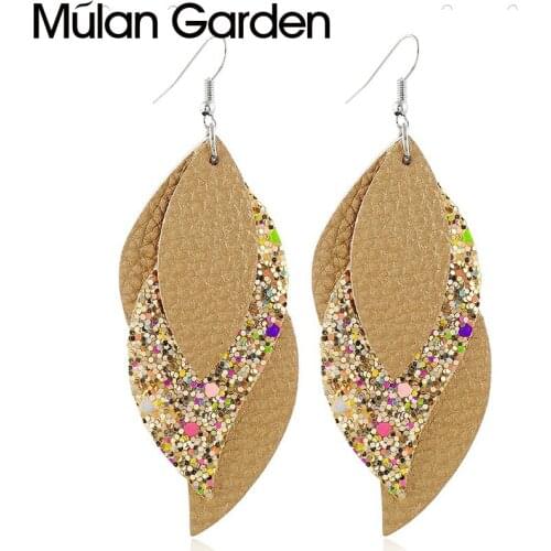 M&G Trendy Glitter Faux Leather Earrings for Women Double-side Lattice Pendant Leaf Earrings Fashion Jewelry Accessories Gifts