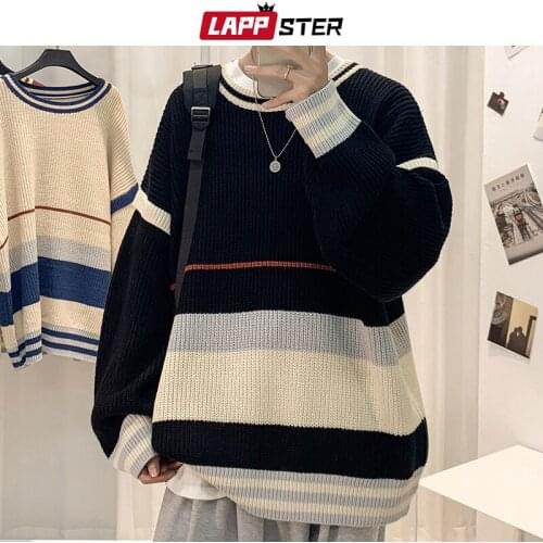 LAPPSTER Men Patchwork Oversized Knitted Sweater 2021 Mens Japanese Streetwear Winter Pullovers Male Harajuku Vintage Sweaters