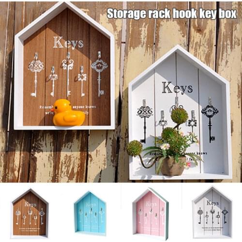 Key Cabinet Wall Mounted Wooden Key Chain Organizer with 5 Key Holder Decorative Rural House Shape Key Storage Box