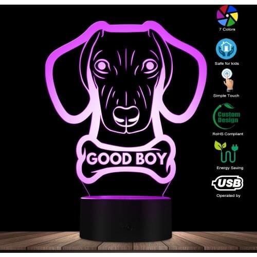 Dachshund Sausage Dog Shape Modern Light Table Lamp Wiener-Dog Animal Pet Puppy Good Boy Custom Dog Name Glowing 3D LED Lamp