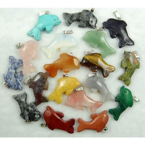 Wholesale 5Pcs Latest styles Natural stone pendants charms dolphin opal Agates Roses Quartz Malay jades for diy jewelry